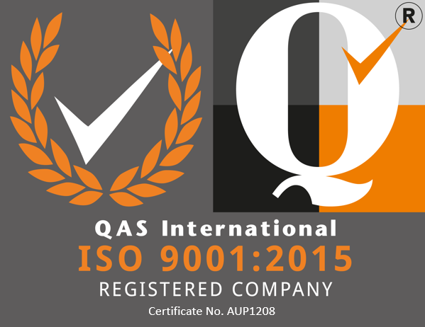 The QAS International ISO 9001:2015 registered company certification symbol